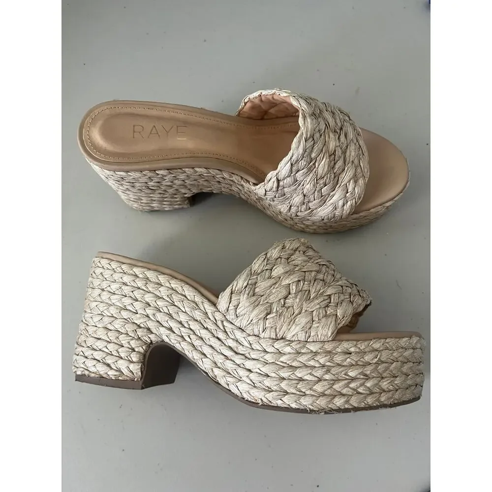 RAYE Gable Raffia Platform Wedge Slide Sandals Natural Size 6.5